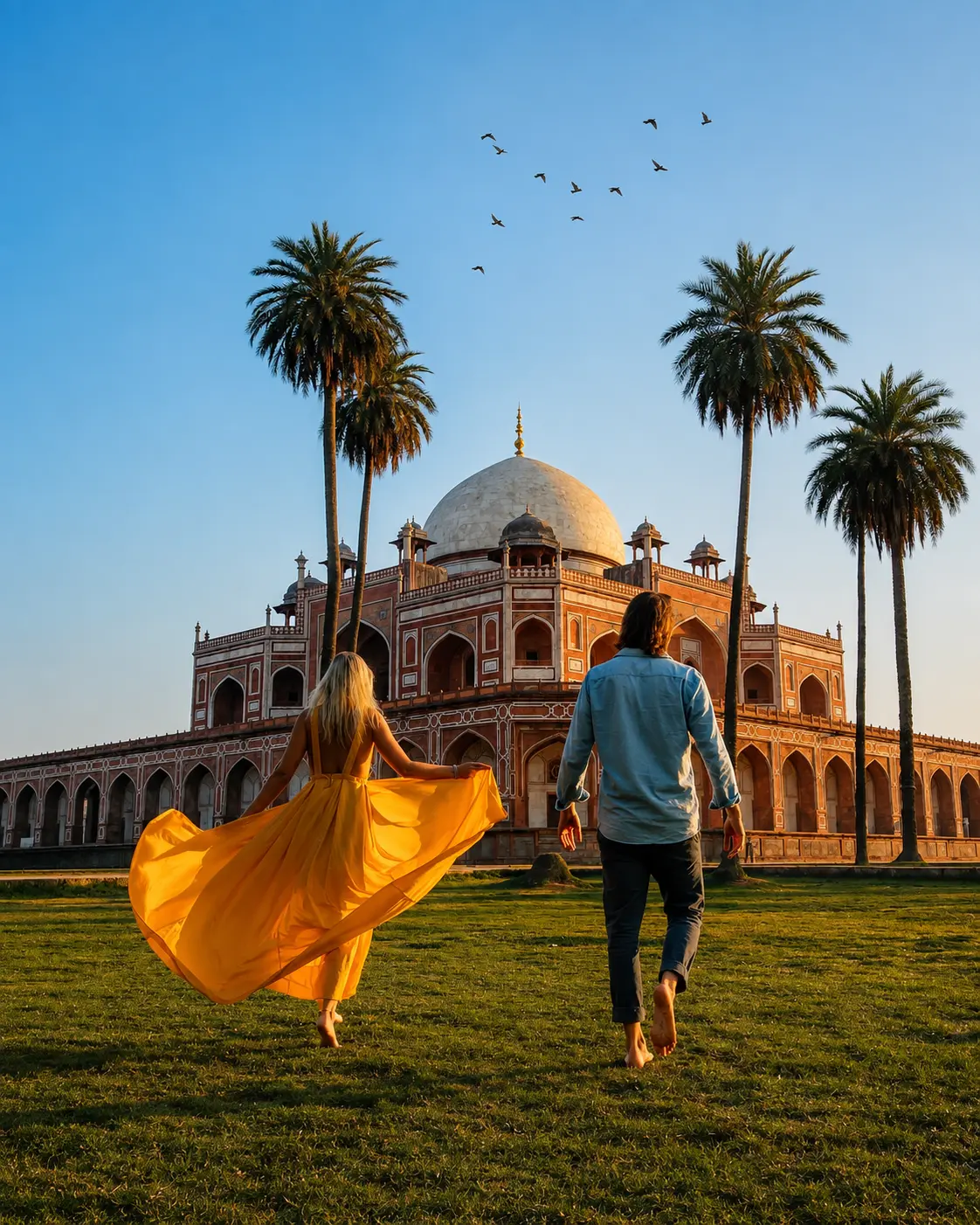 Agra Fort's red sandstone ramparts at golden hour